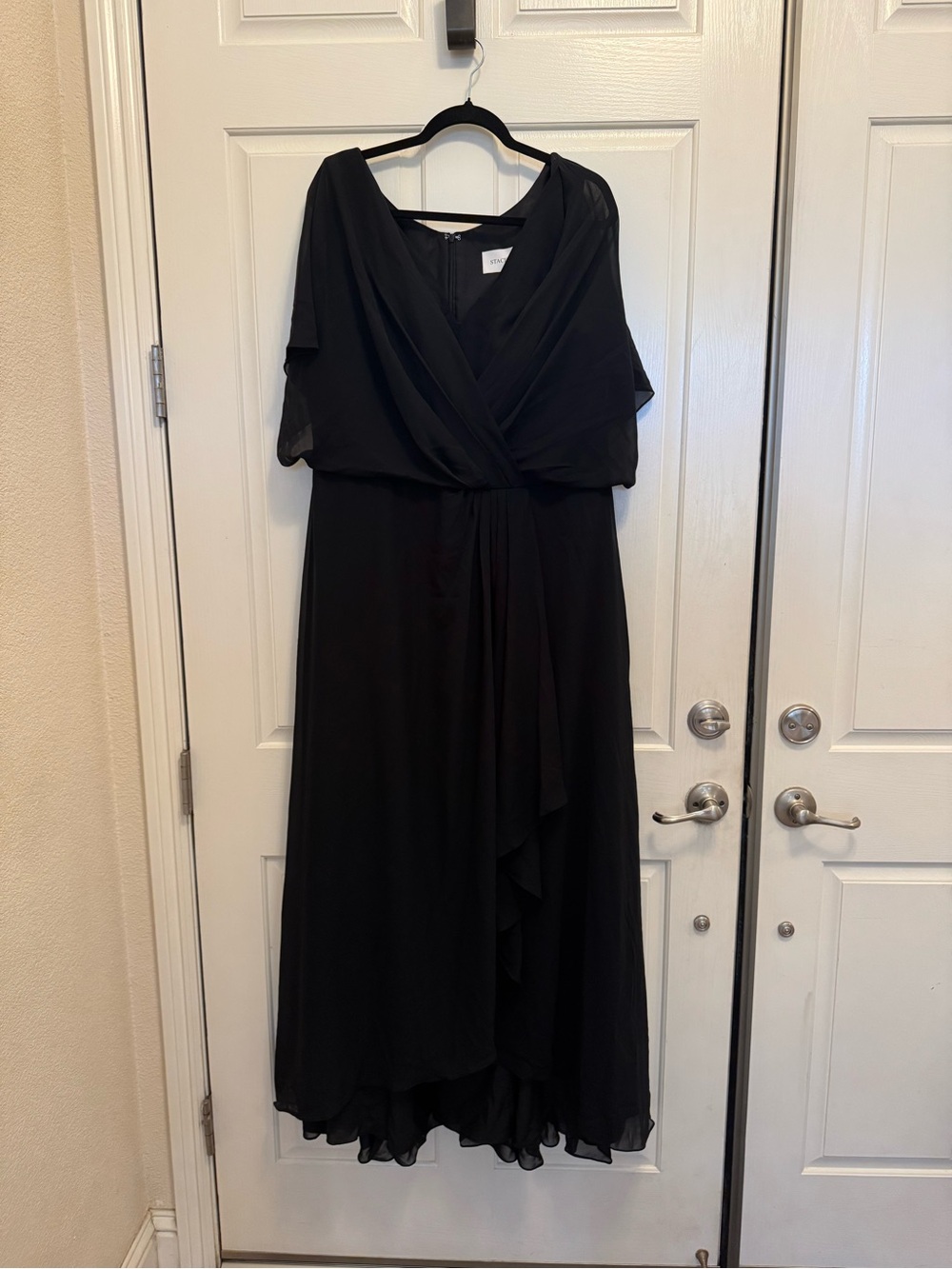 Black Chiffon Maxi Dress with Draped V-Neck and Waist Tie